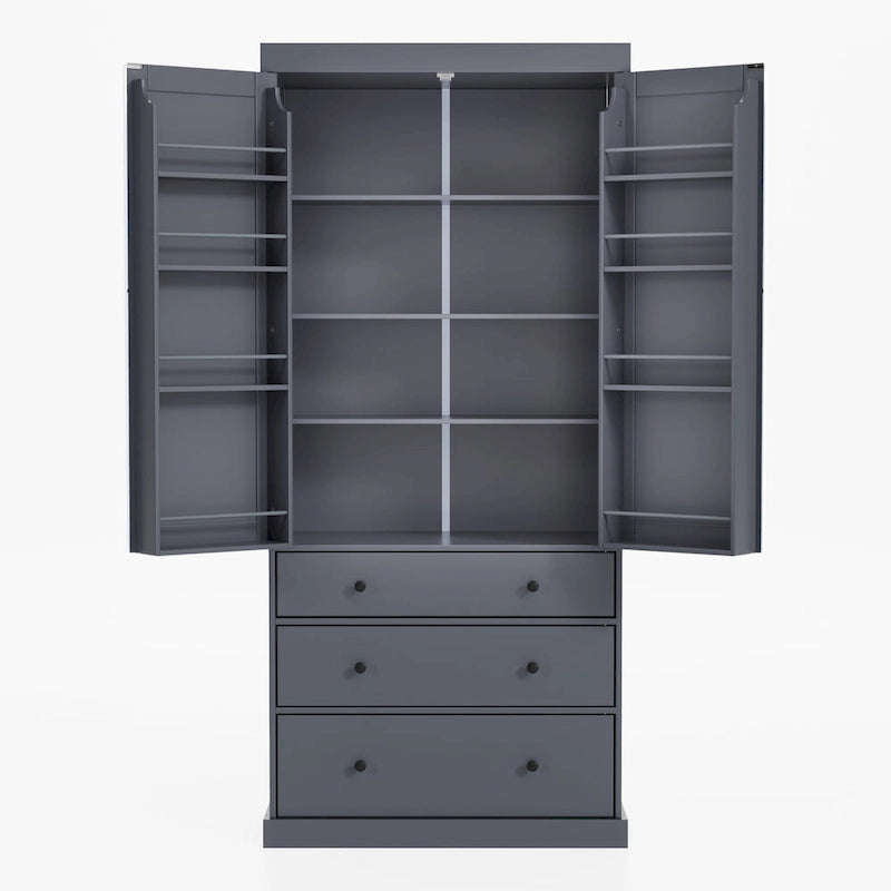 Kitchen Pantry Cabinet with 8 Doors Shelves, Wood Storage Cabinet with 3 Storage Drawers, Cupboard with Adjustable Shelves