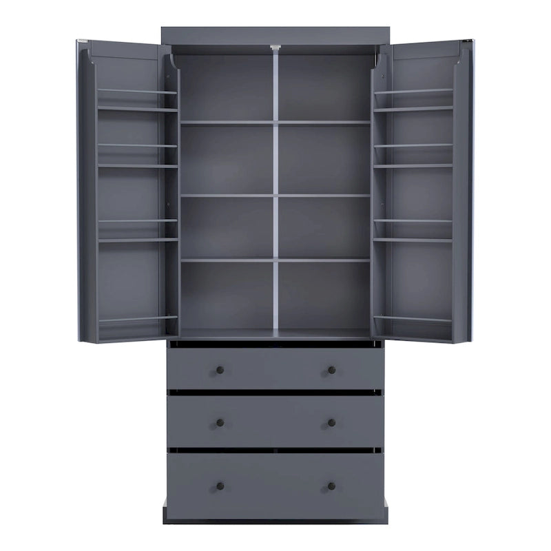 Kitchen Pantry Cabinet with 8 Doors Shelves, Wood Storage Cabinet with 3 Storage Drawers, Cupboard with Adjustable Shelves