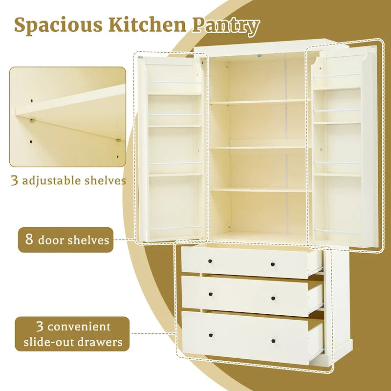 Kitchen Pantry Cabinet with 8 Doors Shelves, Wood Storage Cabinet with 3 Storage Drawers, Cupboard with Adjustable Shelves