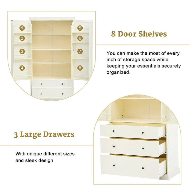 Kitchen Pantry Cabinet with 8 Doors Shelves, Wood Storage Cabinet with 3 Storage Drawers, Cupboard with Adjustable Shelves