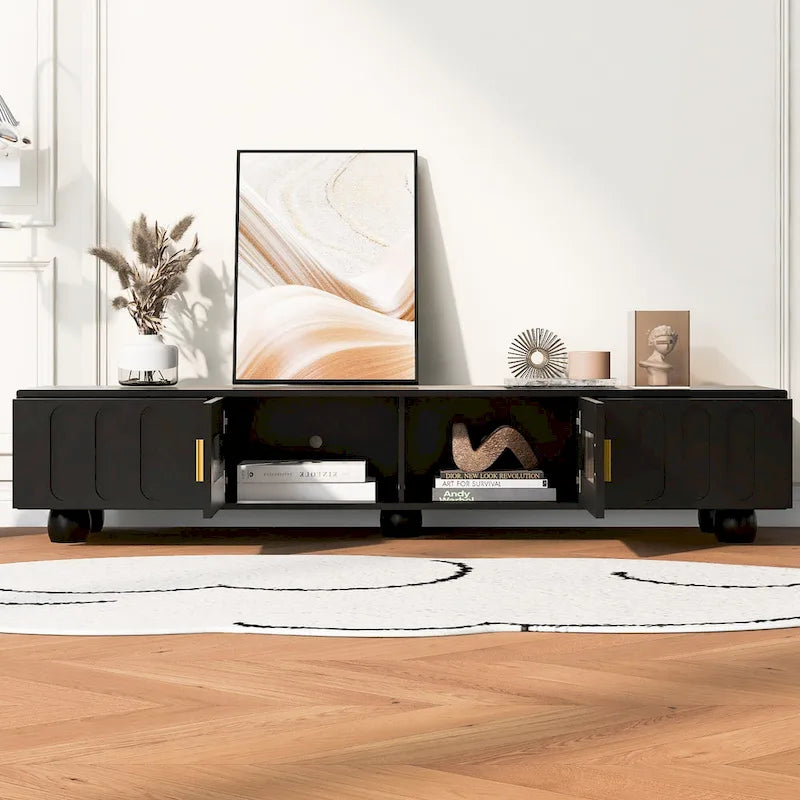 Modern TV Stand with Tempered Glass Doors and Storage
