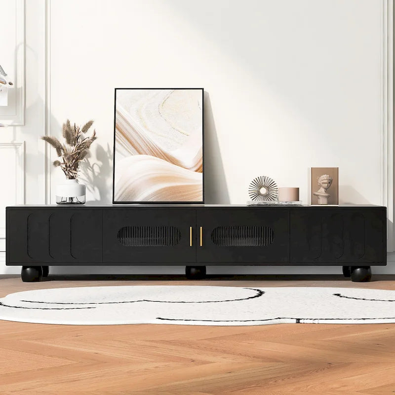 Modern TV Stand with Tempered Glass Doors and Storage