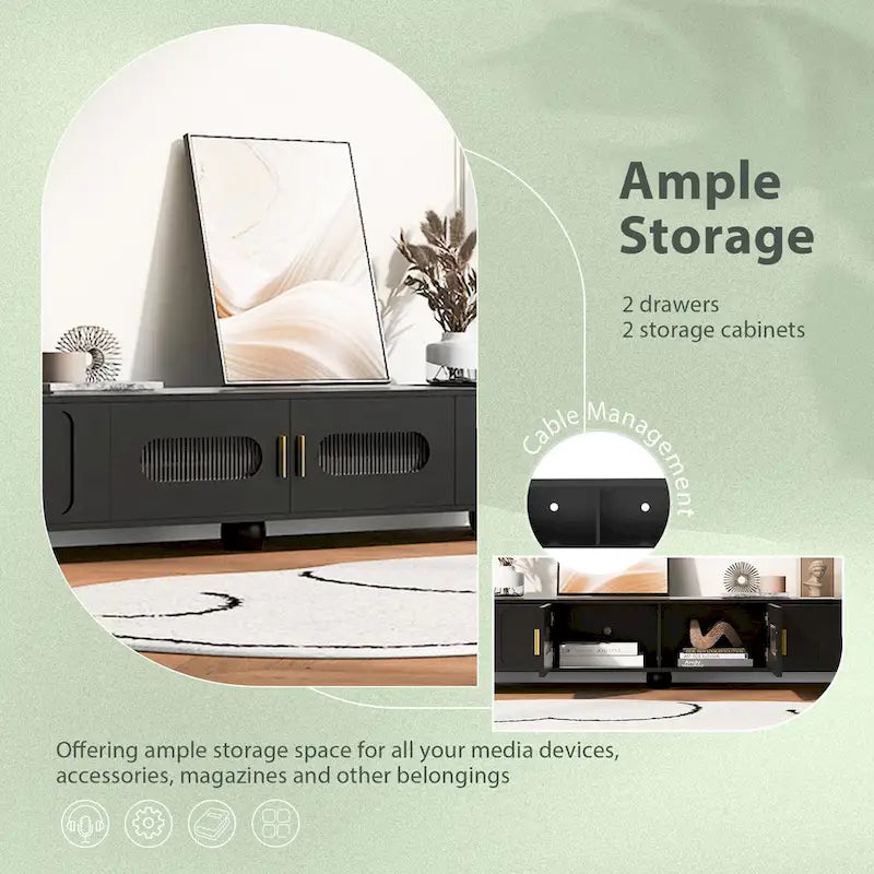 Modern TV Stand with Tempered Glass Doors and Storage