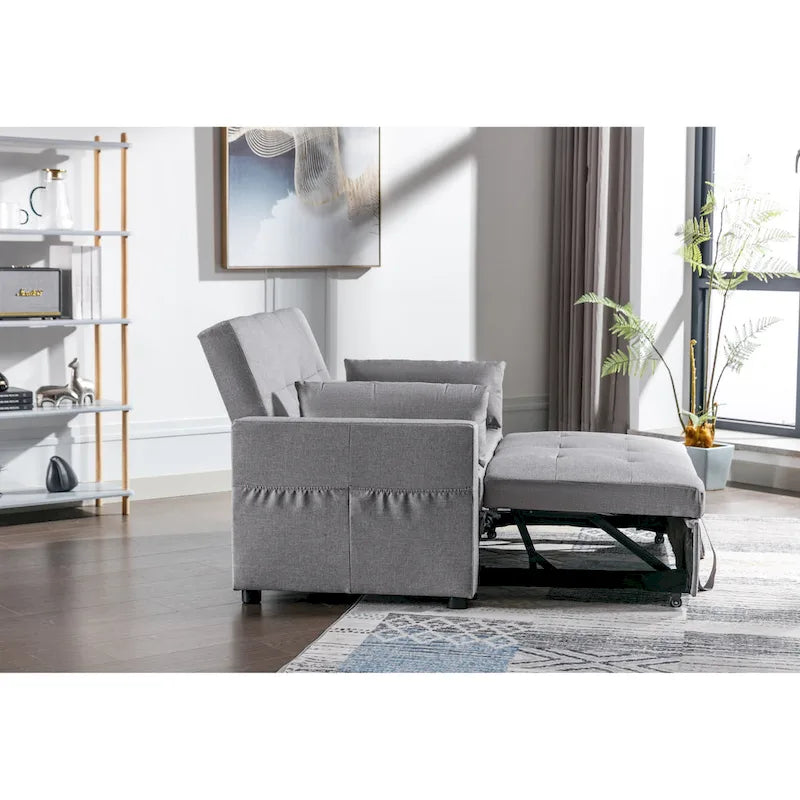 Light Grey Linen Loveseat Convertible Sofa Bed with Side Pocket