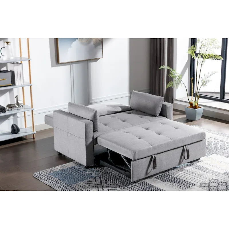 Light Grey Linen Loveseat Convertible Sofa Bed with Side Pocket