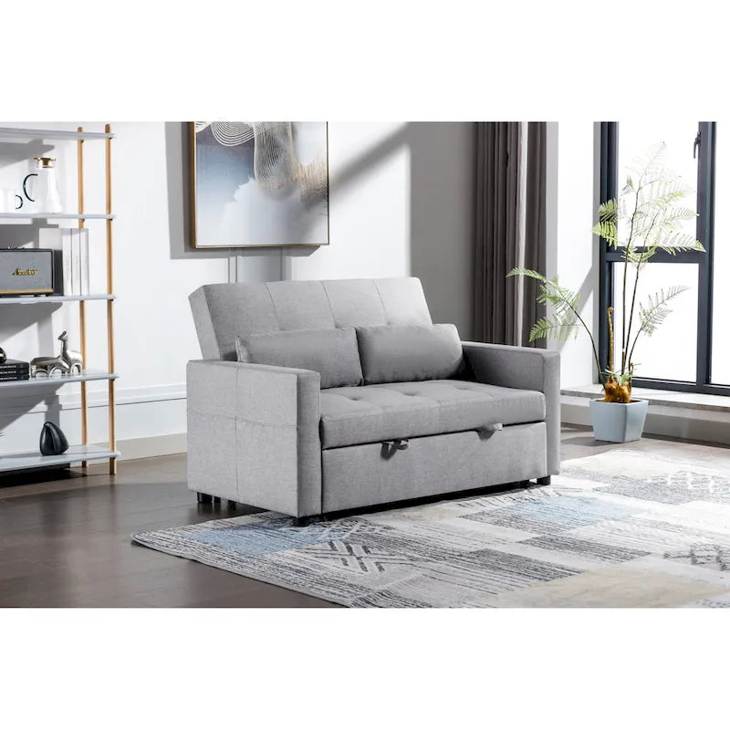 Light Grey Linen Loveseat Convertible Sofa Bed with Side Pocket