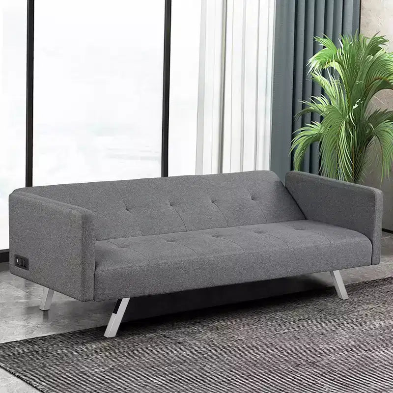 Costway Canapé-Lit Futon Convertible Pliant Inclinable avec Ports USB et Multiprise Gris/Bleu