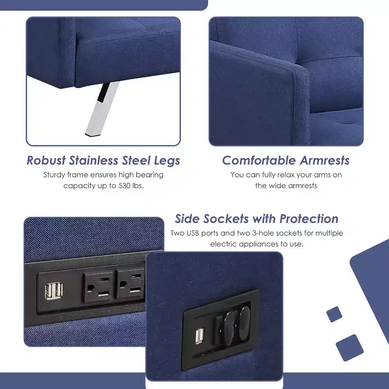 Costway Canapé-Lit Futon Convertible Pliant Inclinable avec Ports USB et Multiprise Gris/Bleu