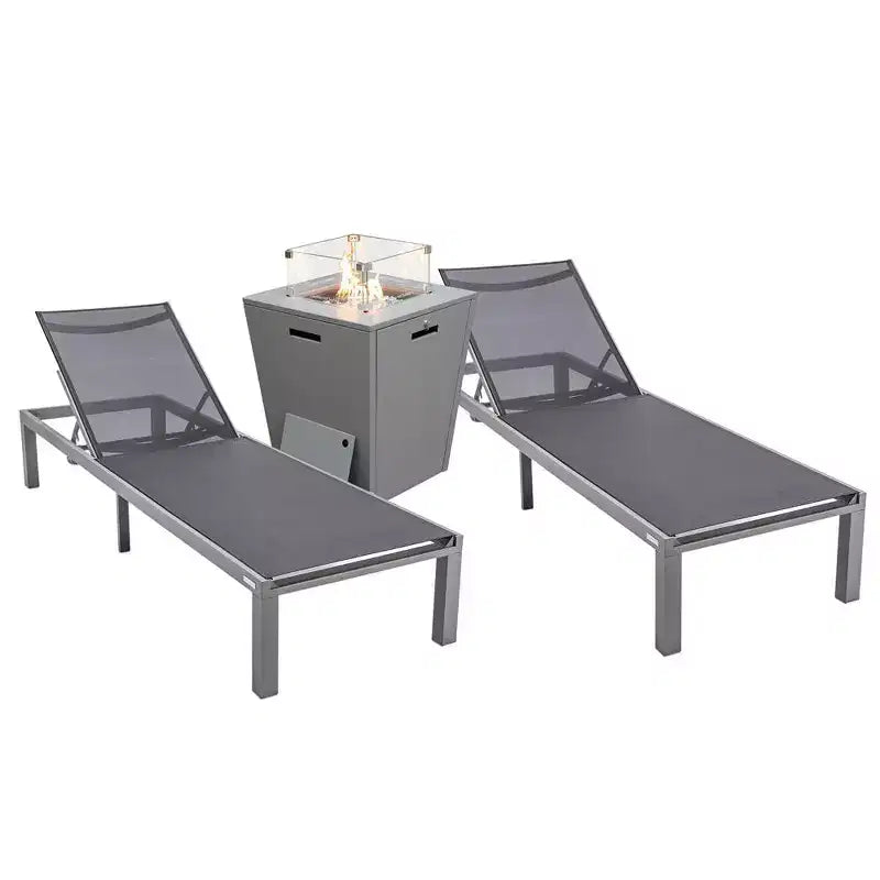 LeisureMod Marlin Modern Grey Aluminum Patio Chaise Lounge Chair Set of 2 with Square Fire Pit Side Table, Outdoor Seating for Patio, Deck, Poolside