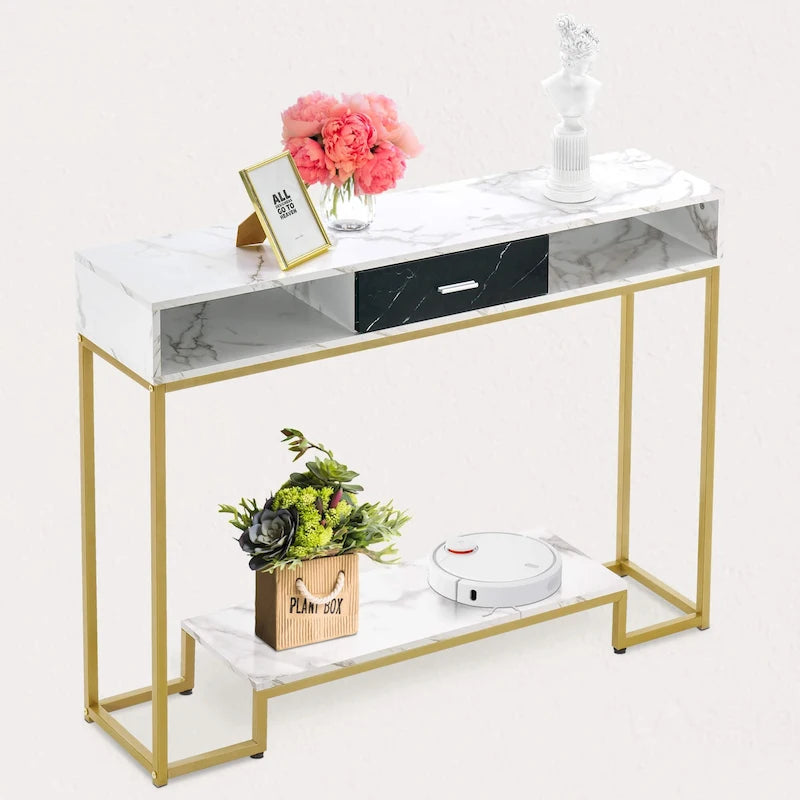 Console Table with Drawers, Marble and Gold Legs