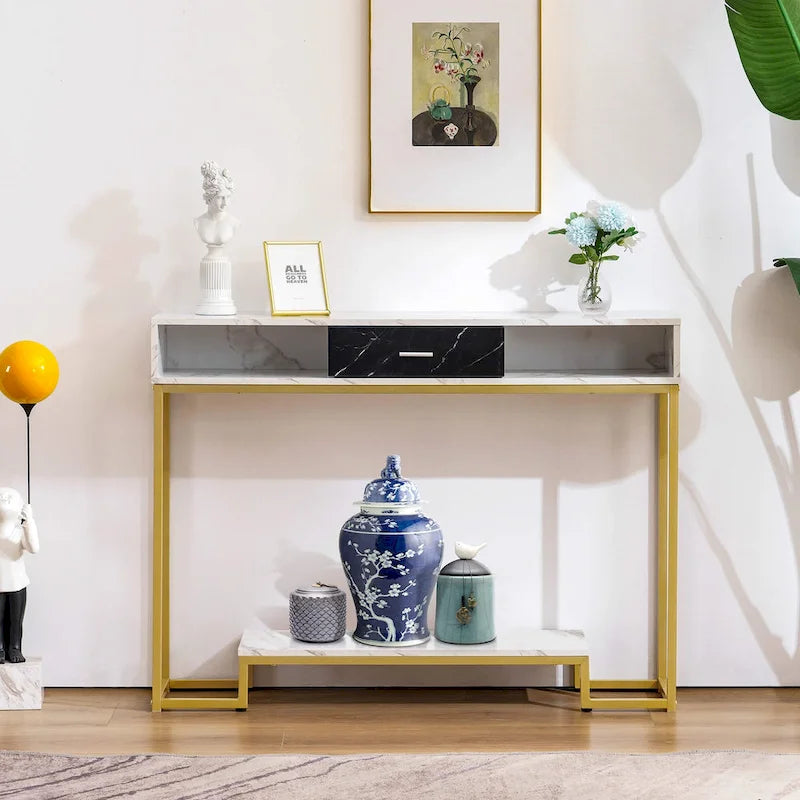 Console Table with Drawers, Marble and Gold Legs