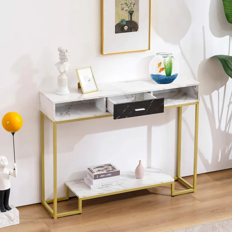 Console Table with Drawers, Marble and Gold Legs