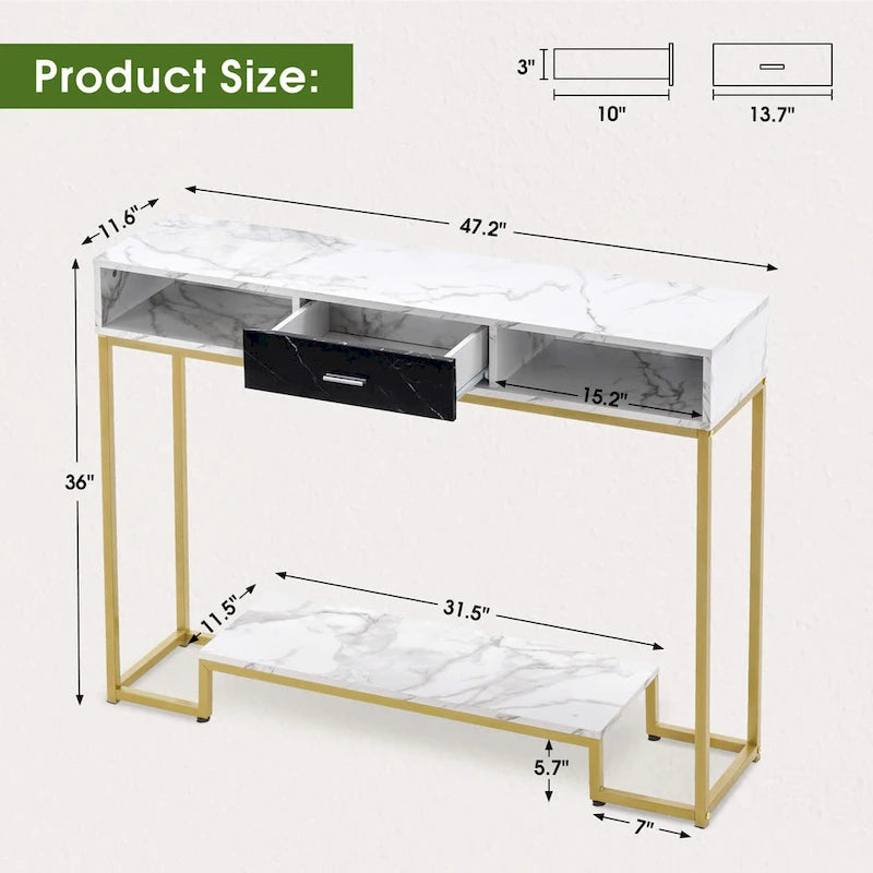 Console Table with Drawers, Marble and Gold Legs