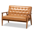 Tan Faux Leather and Walnut Finished Wood Loveseat