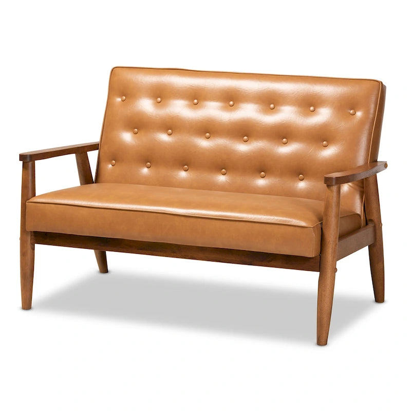 Tan Faux Leather and Walnut Finished Wood Loveseat