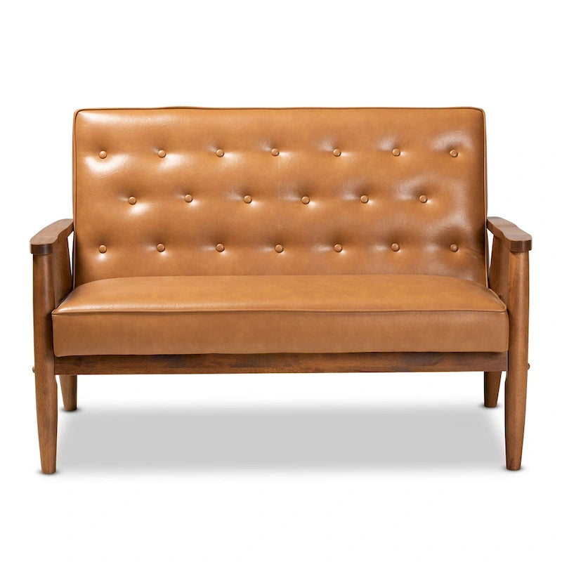 Tan Faux Leather and Walnut Finished Wood Loveseat
