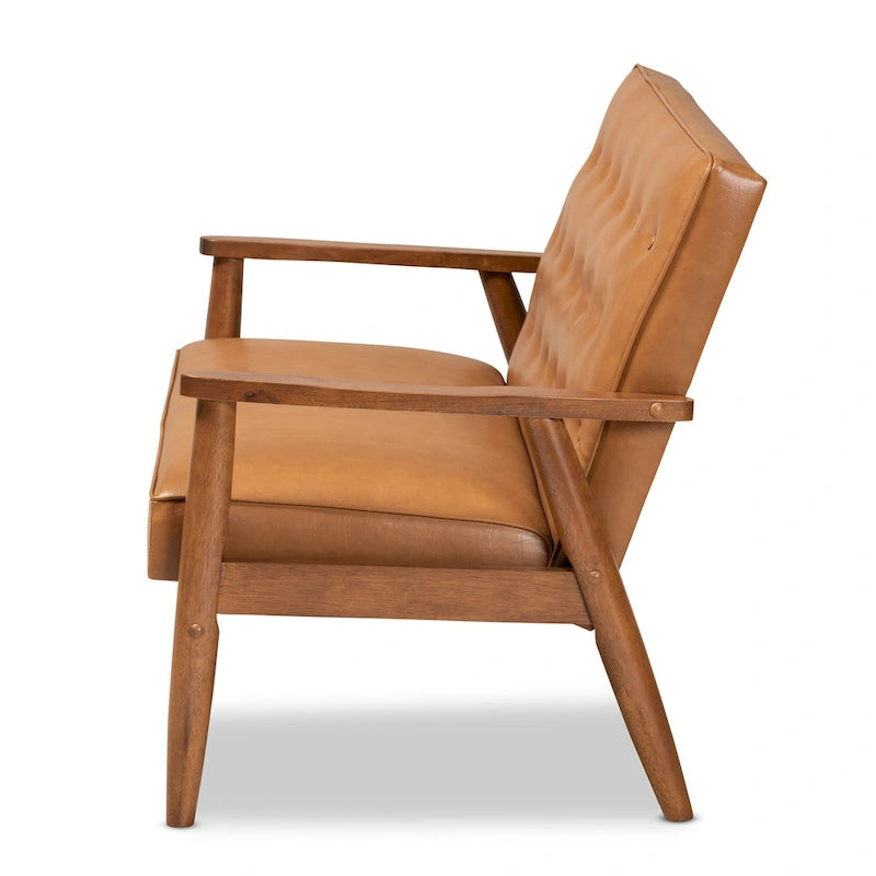 Tan Faux Leather and Walnut Finished Wood Loveseat