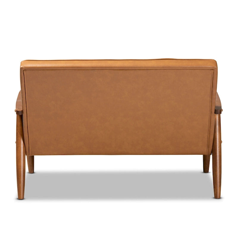 Tan Faux Leather and Walnut Finished Wood Loveseat