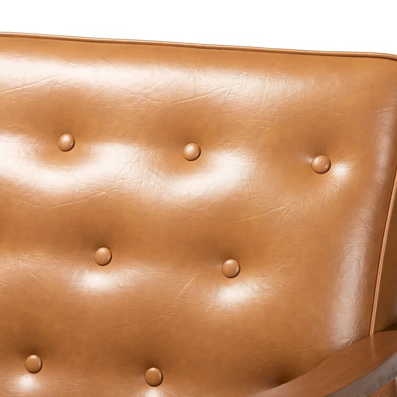 Tan Faux Leather and Walnut Finished Wood Loveseat