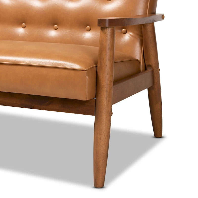Tan Faux Leather and Walnut Finished Wood Loveseat
