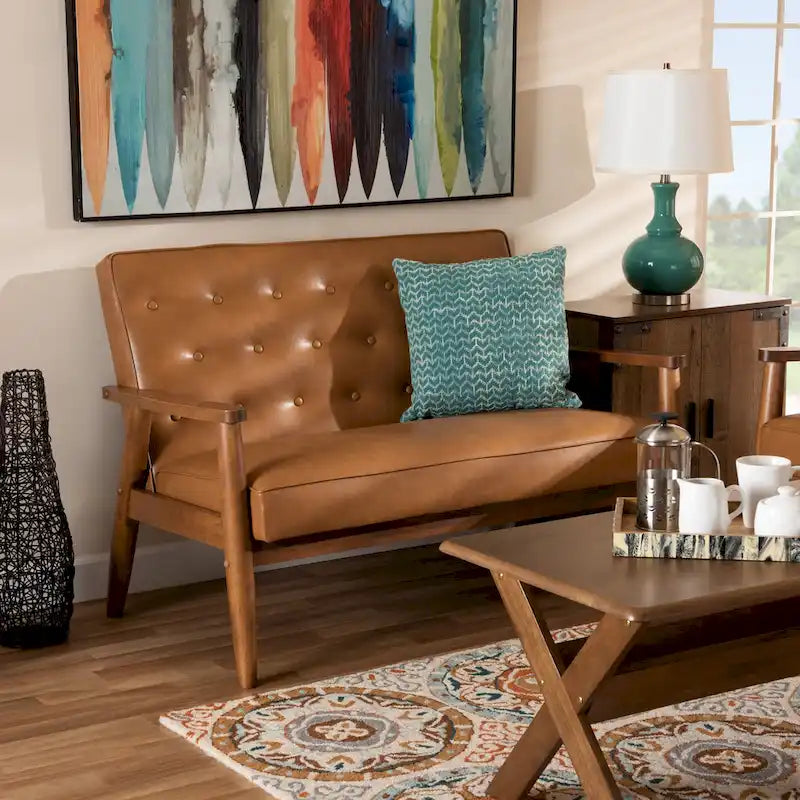 Tan Faux Leather and Walnut Finished Wood Loveseat