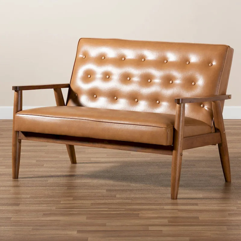 Tan Faux Leather and Walnut Finished Wood Loveseat