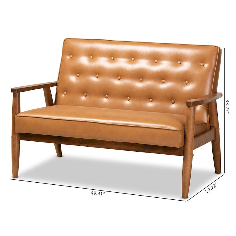 Tan Faux Leather and Walnut Finished Wood Loveseat