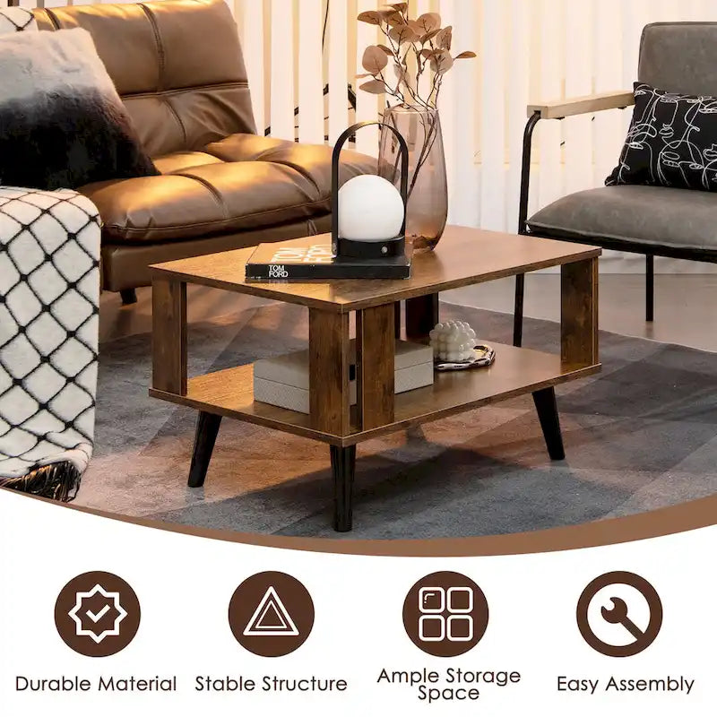 2-Tier Rectangle Coffee Table with Open Storage Shelf