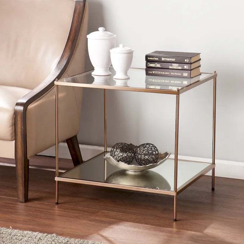 Glam Glass Side Table with Copper Finish