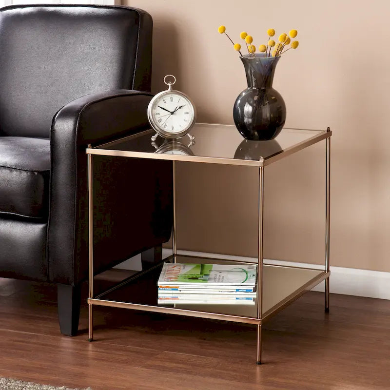 Glam Glass Side Table with Copper Finish