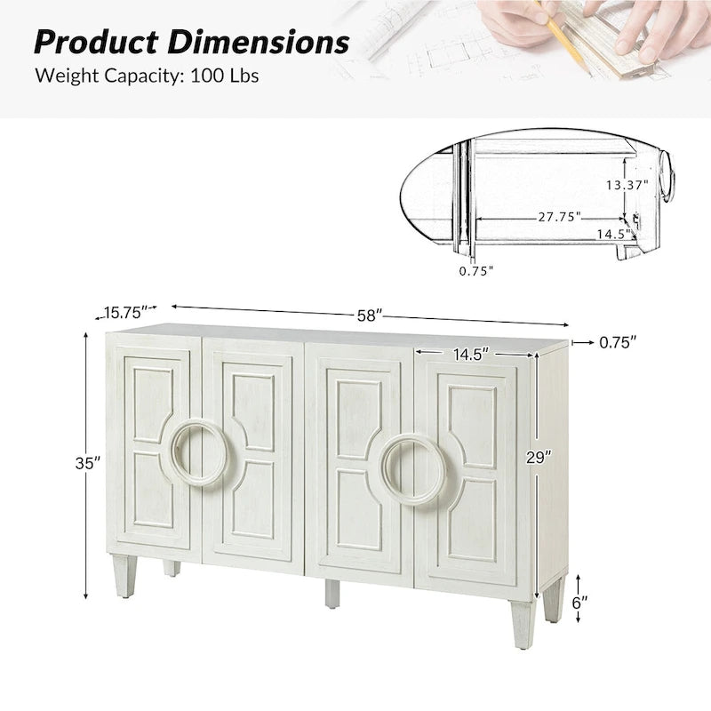 58" Contemporary Sideboard Buffet with Round Solid Wood Door Handles