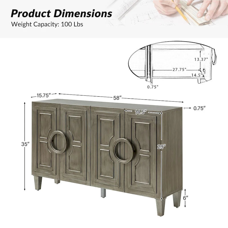 58" Contemporary Sideboard Buffet with Round Solid Wood Door Handles