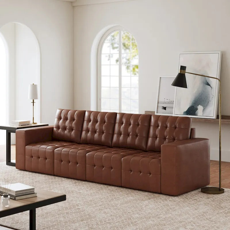 Genuine Leather Sectional Sofa with Tufted Design