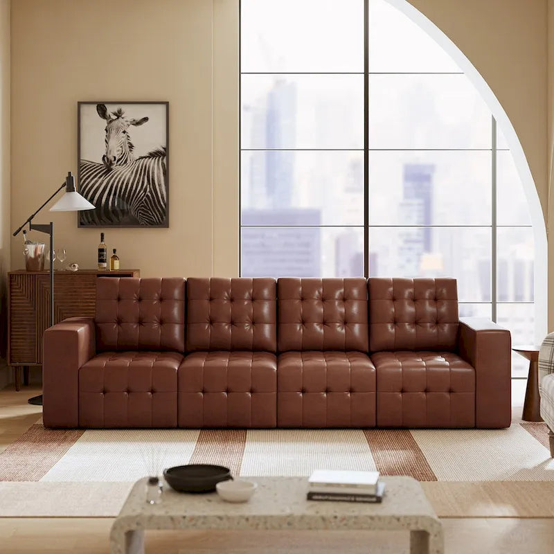 Genuine Leather Sectional Sofa with Tufted Design
