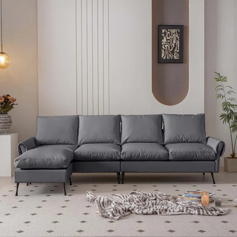 104.5" Modern Technical Leather L-Shaped Sofa with Ottoman