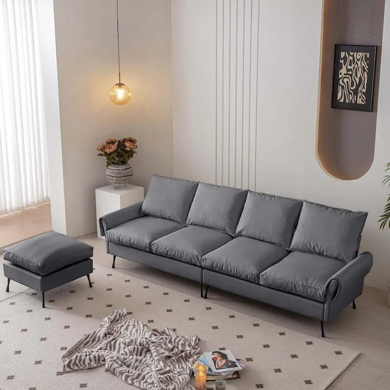 104.5" Modern Technical Leather L-Shaped Sofa with Ottoman