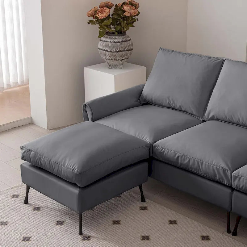 104.5" Modern Technical Leather L-Shaped Sofa with Ottoman
