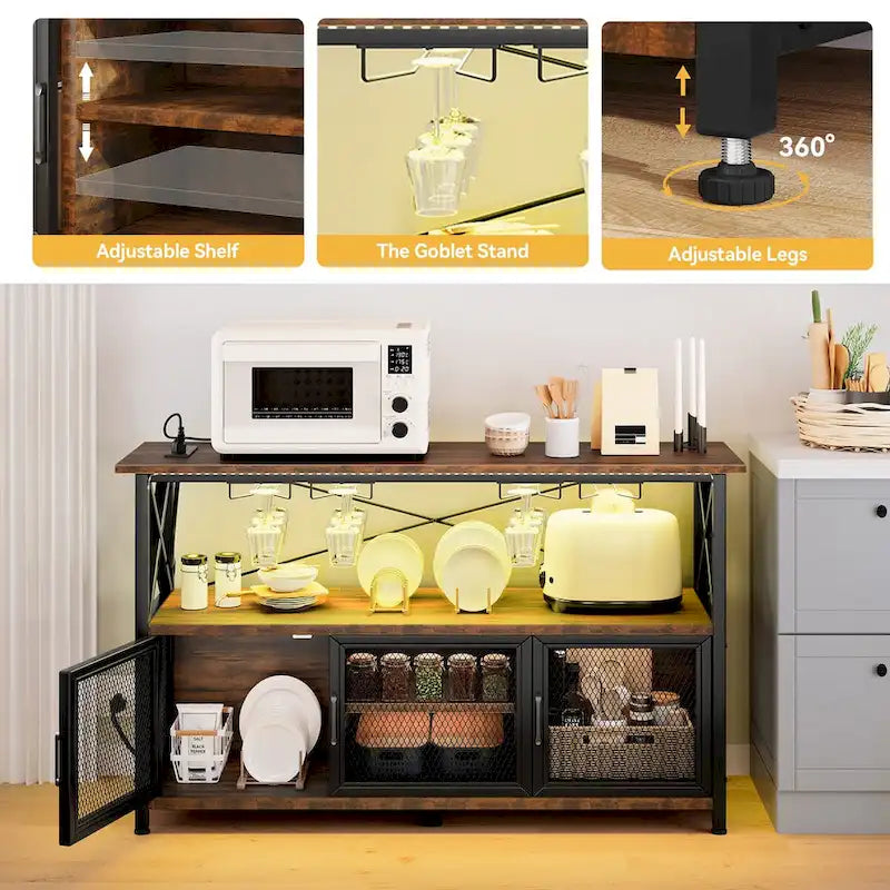 47" Wine Bar Cabinet with LED Lights & Power Outlets