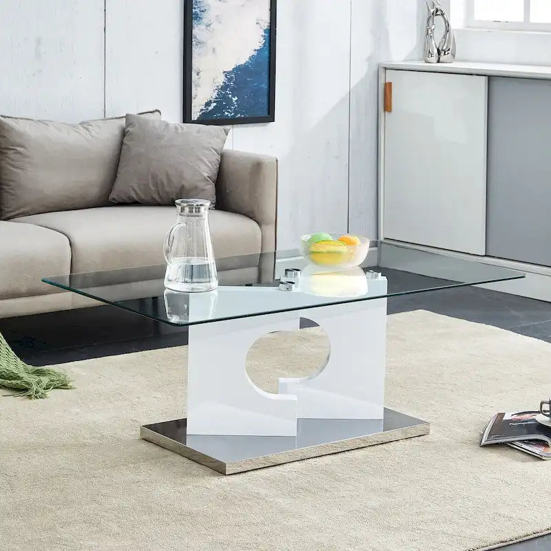 Rectangular Modern Coffee Table with Tempered Glass Tabletop