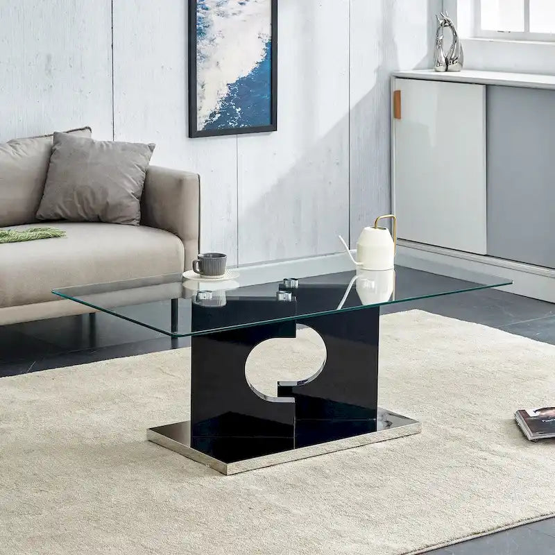 Rectangular Modern Coffee Table with Tempered Glass Tabletop