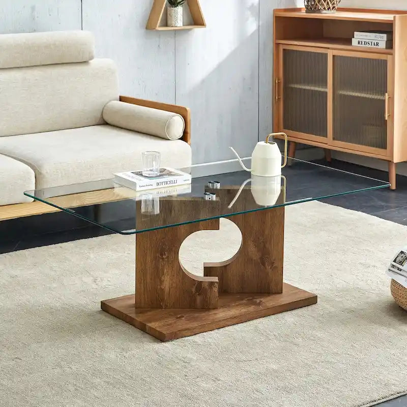 Rectangular Modern Coffee Table with Tempered Glass Tabletop