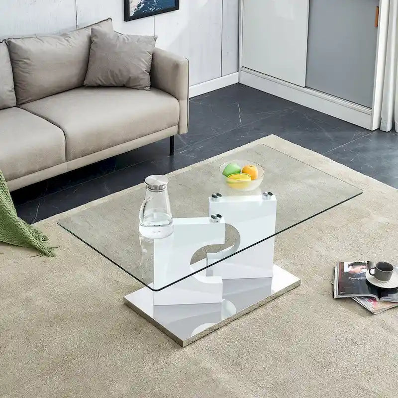 Rectangular Modern Coffee Table with Tempered Glass Tabletop
