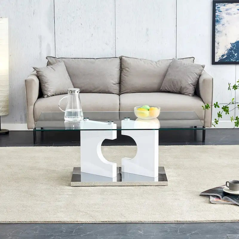 Rectangular Modern Coffee Table with Tempered Glass Tabletop