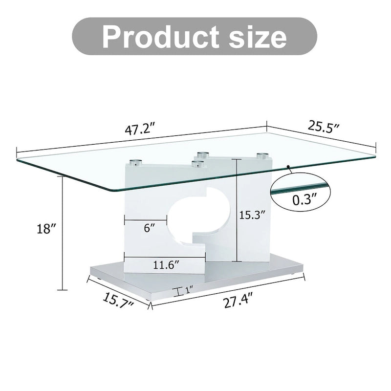 Rectangular Modern Coffee Table with Tempered Glass Tabletop