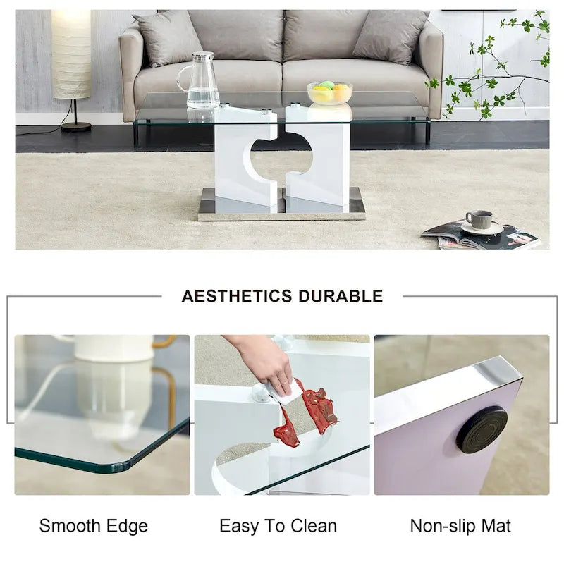 Rectangular Modern Coffee Table with Tempered Glass Tabletop