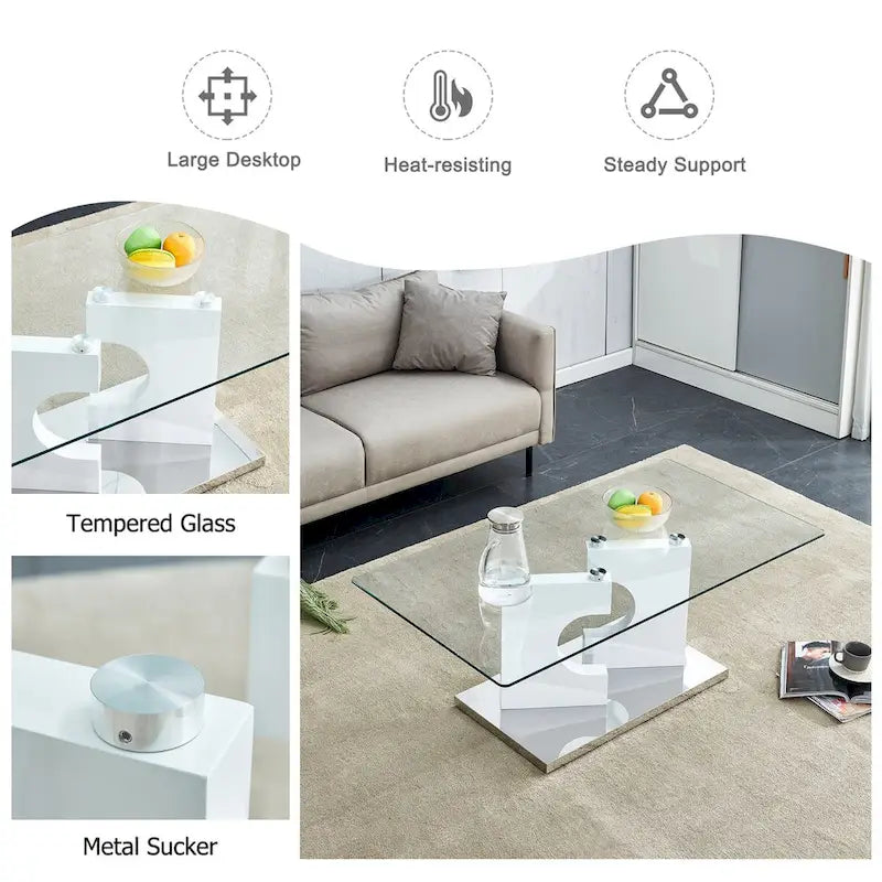 Rectangular Modern Coffee Table with Tempered Glass Tabletop