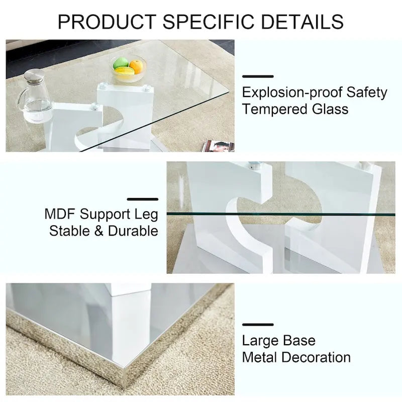 Rectangular Modern Coffee Table with Tempered Glass Tabletop