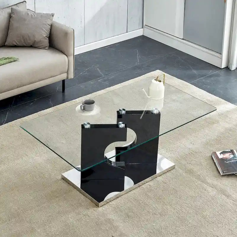 Rectangular Modern Coffee Table with Tempered Glass Tabletop