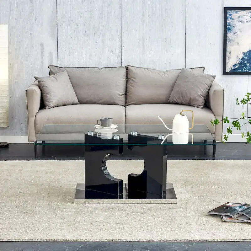 Rectangular Modern Coffee Table with Tempered Glass Tabletop