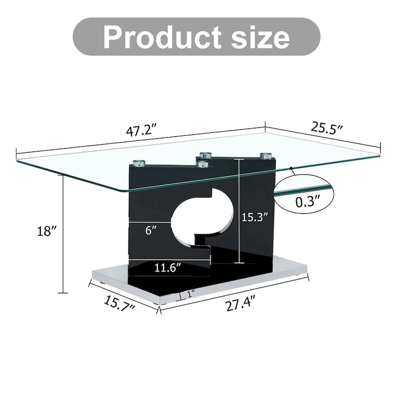 Rectangular Modern Coffee Table with Tempered Glass Tabletop